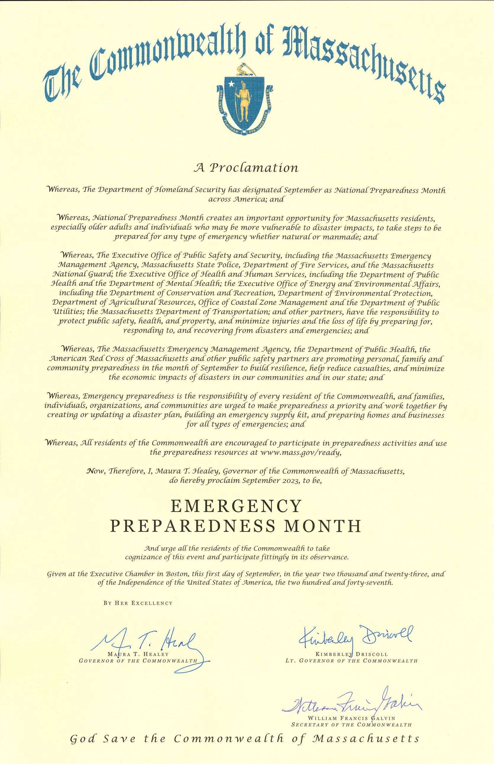 Governor Healey Proclaims Emergency Preparedness Month Mass Gov